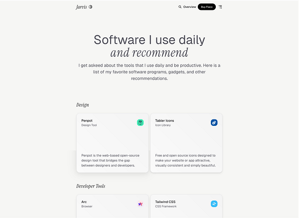 The image displays a webpage titled 'Software I use daily and recommend' featuring various software tools categorized under 'Design' and 'Developer Tools'.