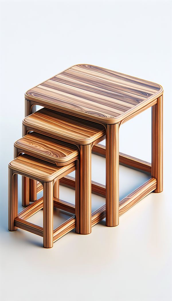A set of three wooden nesting tables of varying sizes, neatly stored one under the other.