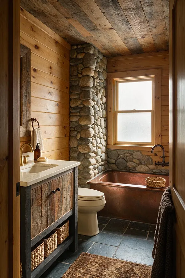 A rustic master bathroom with knotty wood plank walls and ceiling, a stone column and stone wainscoting, a copper soaking tub, and a frosted window bringing in soft light. A reclaimed wood vanity with a white countertop, brass faucet, cream toilet, and woven baskets adds warm, handcrafted character.