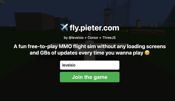 The image displays a promotional interface for the online flight simulation game fly.pieter.com.