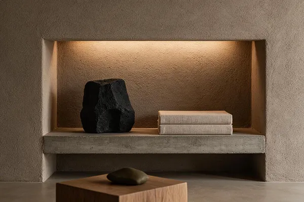 A minimalist Brutalist wall niche with rough textured plaster and warm recessed lighting. Inside sits a dark sculptural stone-like object beside two stacked beige books on a concrete shelf, with a low wooden pedestal and small stone in the foreground.