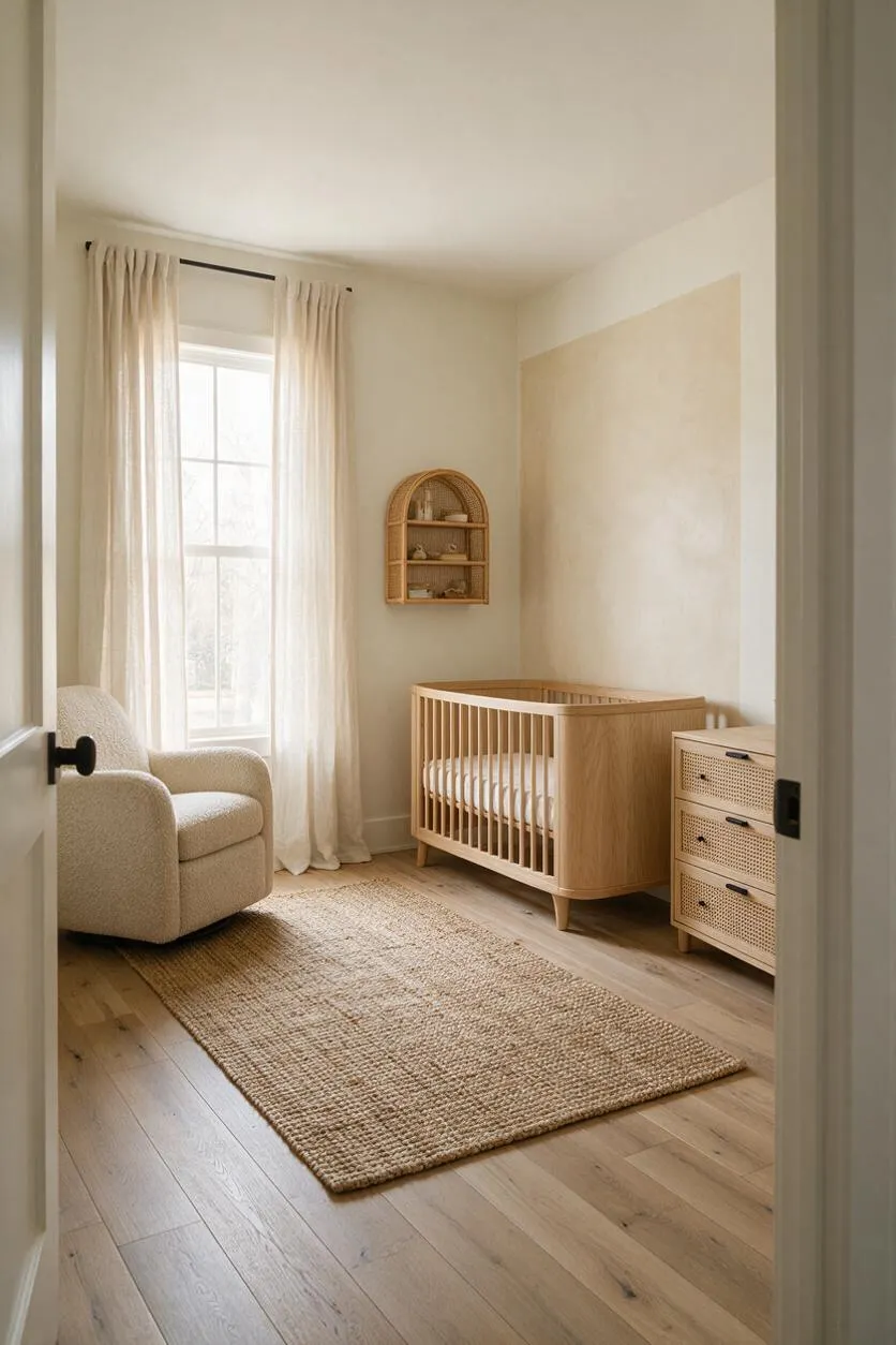 A serene nursery with a natural wood crib, woven rattan dresser, and cream boucle armchair beside a tall window with sheer curtains. A jute rug and pale wood floors complete the warm, minimalist Organic Modern look.