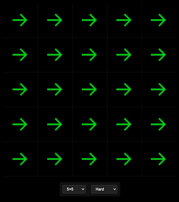 A grid-based game interface featuring green arrows on a black background.