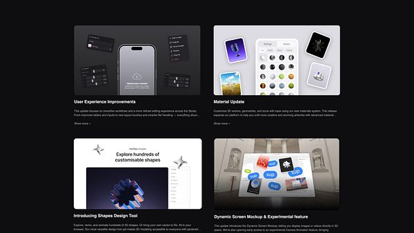 The image displays a digital interface showcasing updates for Morflax Studio, including user experience improvements and new design tools.