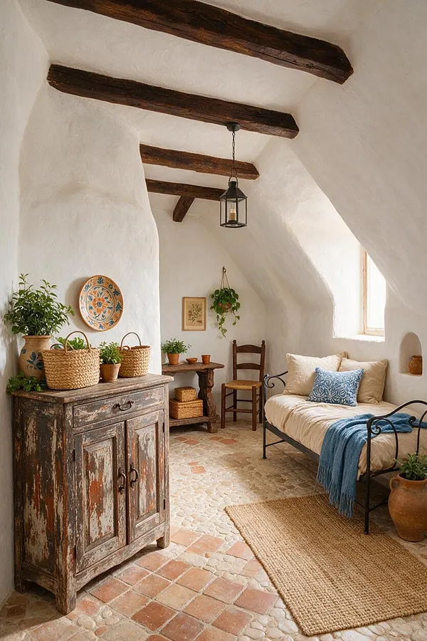 A cozy Mediterranean-style guest bedroom with white plaster walls, dark exposed ceiling beams, and a black lantern pendant. The room includes a wrought-iron daybed with cream bedding, blue accents, rustic wood furniture, woven baskets, terracotta pots, and a tiled stone floor.