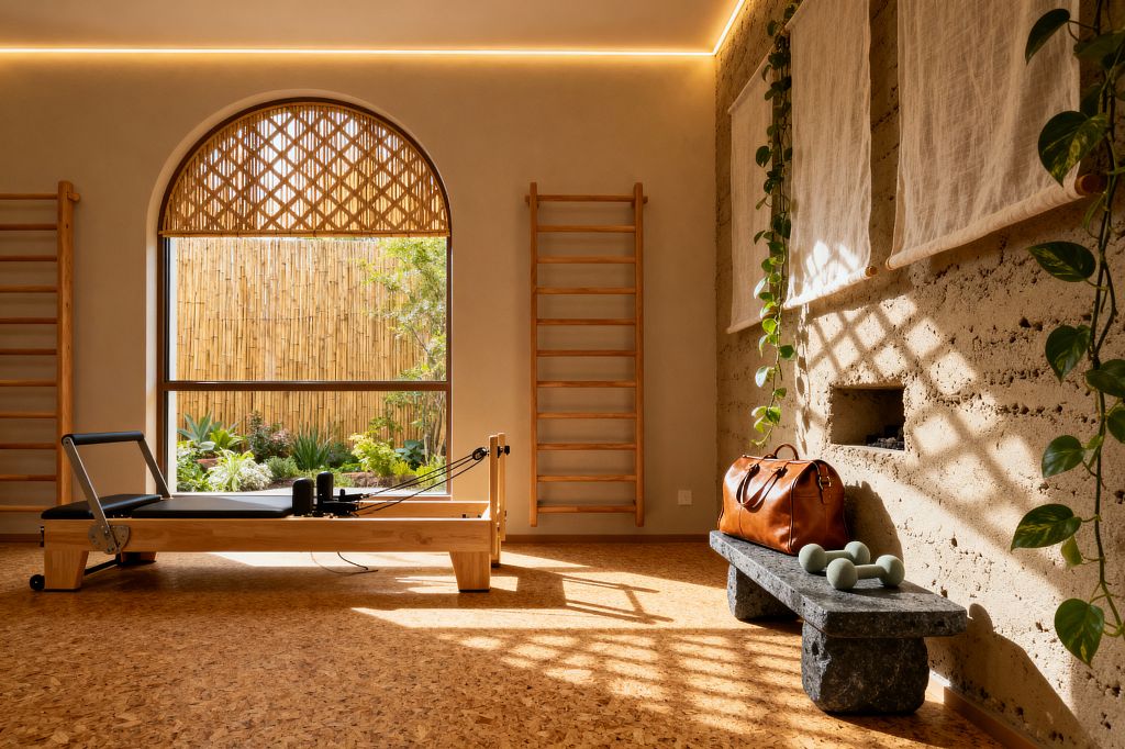 A warm, sunlit home gym features a light wood Pilates reformer on cork flooring, with two wooden wall bars and a large arched window fitted with a woven rattan screen. Outside, a bamboo fence and lush planting are visible; to the right, a textured rammed-earth wall with linen hangings and trailing pothos vines sits above a dark stone bench holding a leather duffel and green dumbbells, while slim LED cove lighting traces the ceiling.