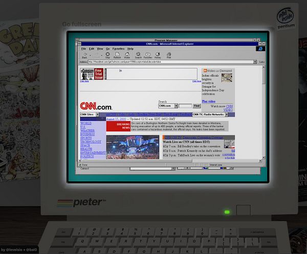 A vintage computer screen displays the CNN website in an early version of Microsoft Internet Explorer.