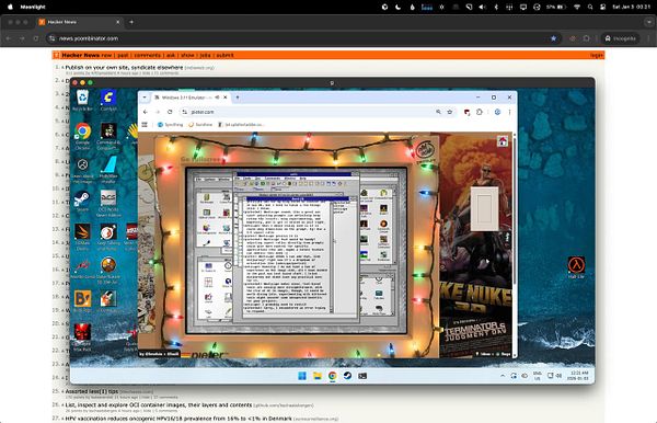 Screenshot of an IRC client window on Windows 3.11 displaying the #photoai chat channel with user messages and interface elements.