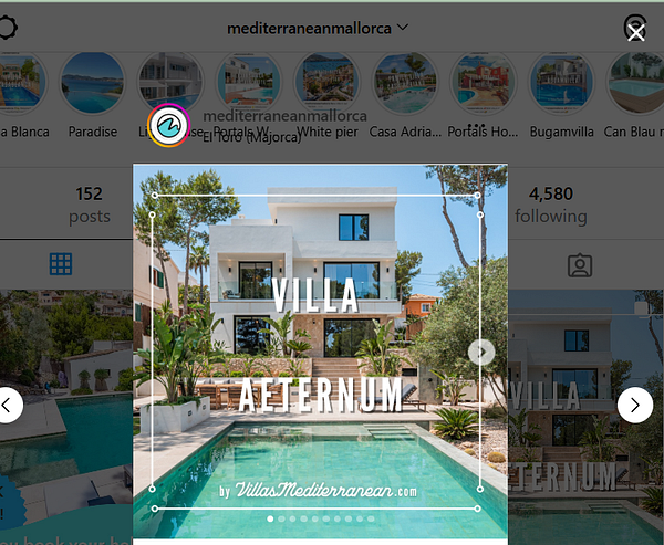 A modern villa with a pool is featured in an Instagram post promoting Villa Aeternum.