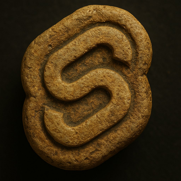 A textured stone with a prominent letter 'S' carved into its surface.