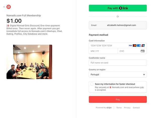 The image displays a payment interface for a Nomads.com membership alongside a group of people at a table.
