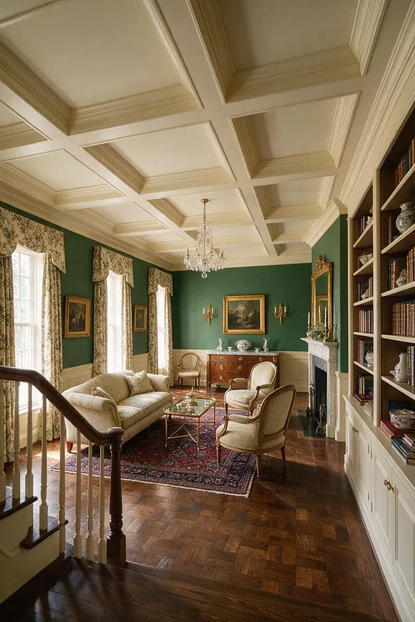 A traditional basement sitting room with dark green walls, cream coffered ceiling, and polished hardwood floors. The space includes a sofa, upholstered armchairs, a Persian-style rug, built-in bookshelves, a fireplace, and floral window treatments with a crystal chandelier overhead.