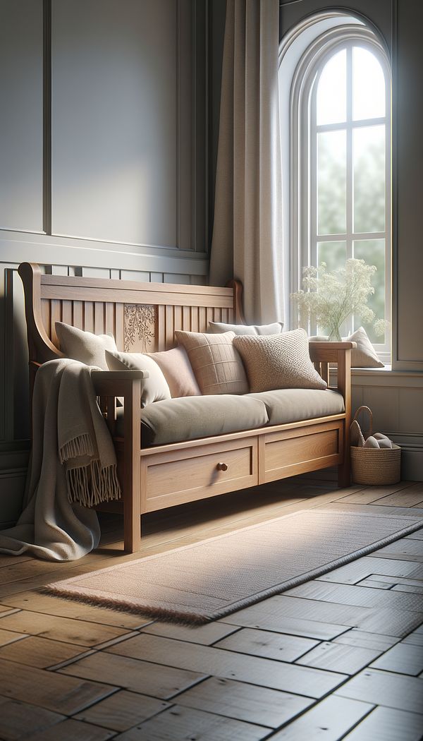 A cozy wooden settle with a high back and armrests, placed by the window with a soft throw and cushions on it, inviting someone to sit and relax.