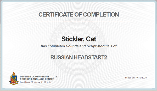 A certificate of completion for a language module.