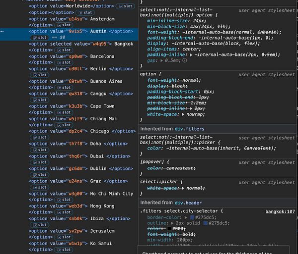 The image displays a code snippet related to a dropdown menu for selecting cities, along with associated CSS styles.