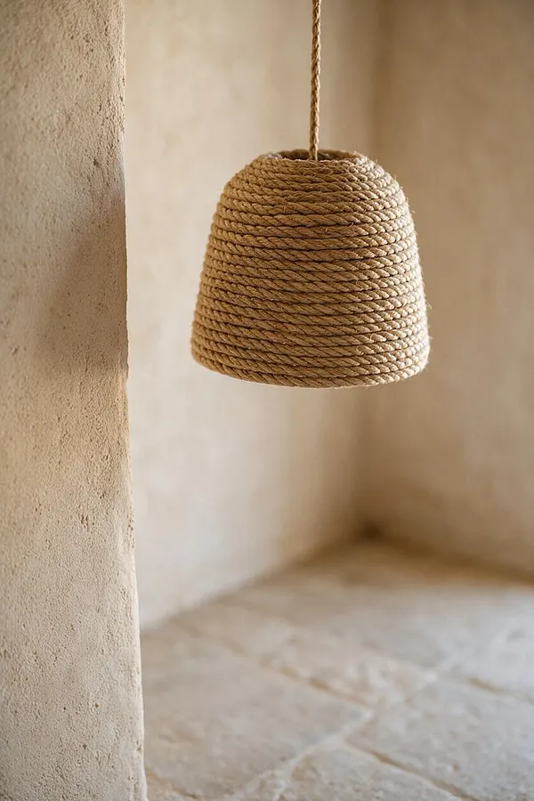 A woven rope pendant light hangs in a softly lit alcove with warm beige plaster walls and a pale stone floor. The close-up composition highlights the natural texture of the rope shade and the rustic Mediterranean feel of the space.