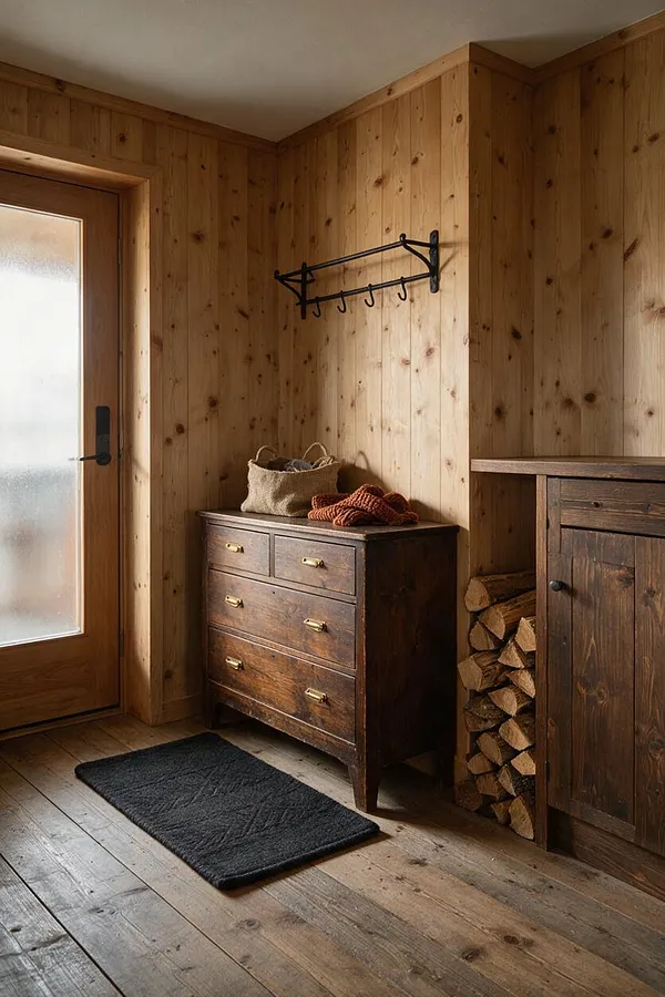 A rustic entryway with vertical wood-paneled walls, a frosted glass wood-framed door, and a dark vintage chest with brass pulls. A black metal wall rack hangs above the chest, while a small cabinet and stacked firewood add practical storage and texture.