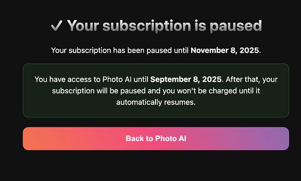 The image displays a subscription pause confirmation screen for a service called Photo AI.