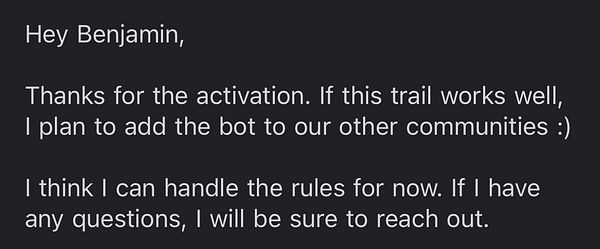 A message expressing positive feedback about a trial activation.