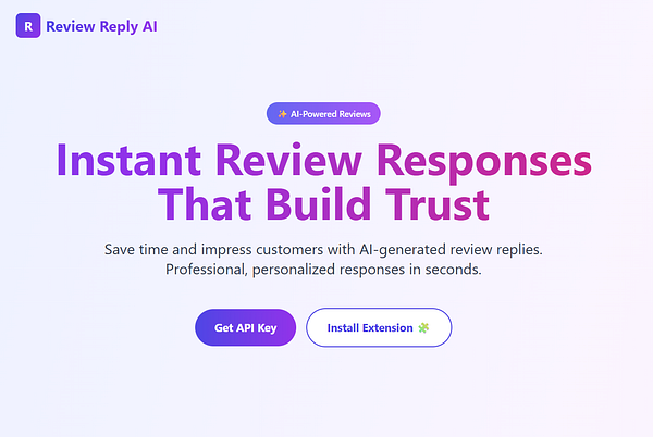 The image displays a landing page for Review Reply AI, promoting AI-generated review responses.