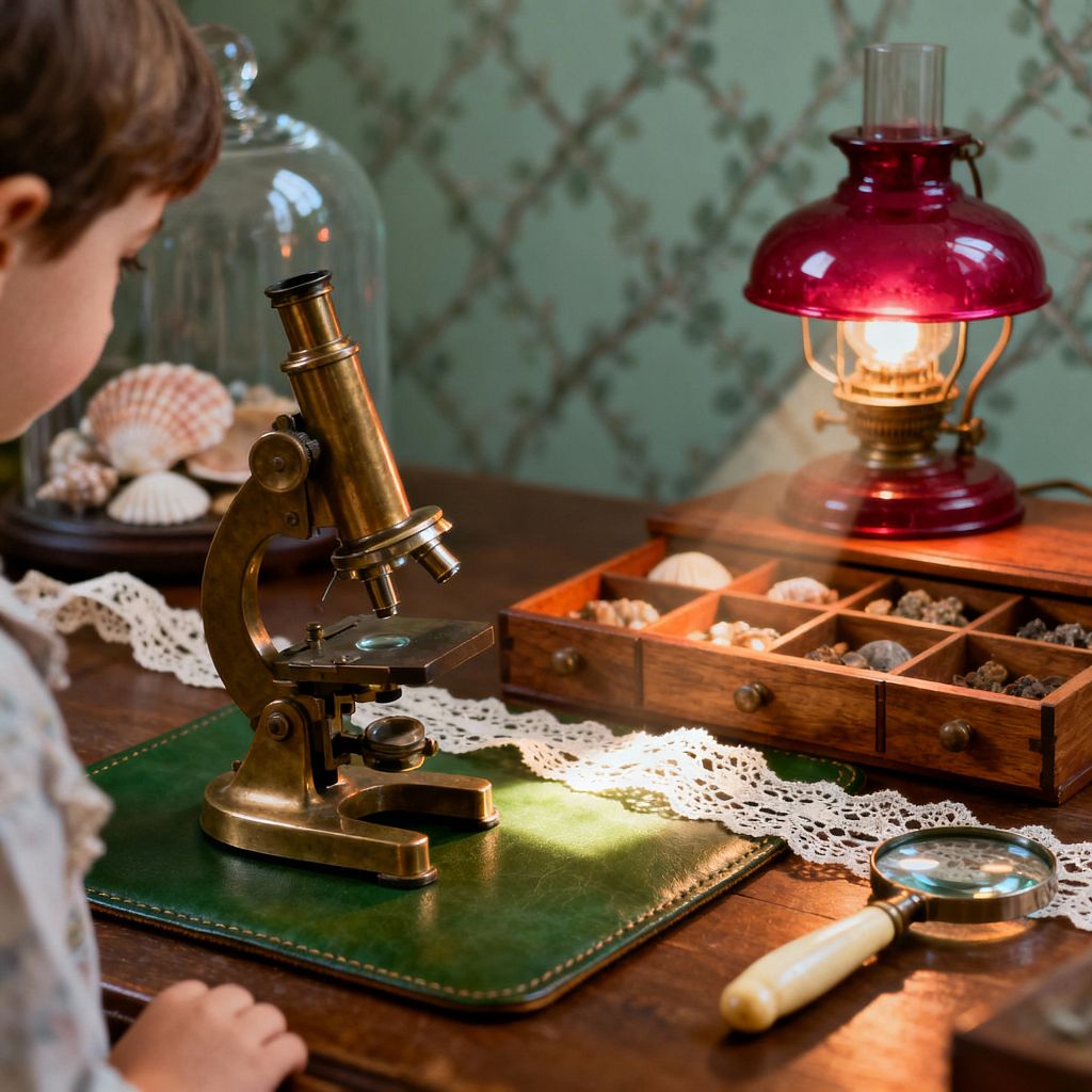 A child stands at a dark wood desk styled as a Victorian study, featuring a polished brass microscope on a green leather blotter, a cotton lace runner, and a ruby-red oil lamp casting warm light. Nearby are a wooden specimen drawer filled with stones, a magnifying glass, and a glass cloche with seashells, set against sage trellis wallpaper.