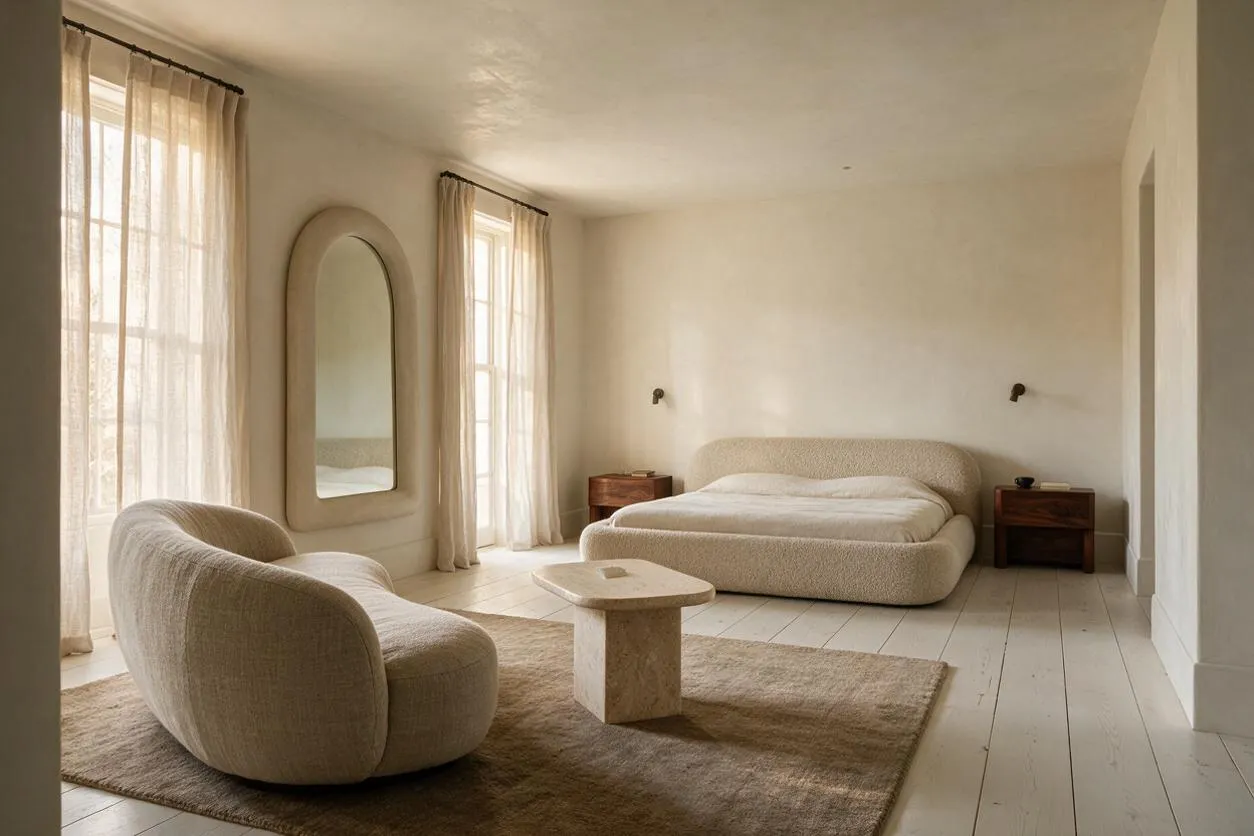A serene guest bedroom in organic modern style with a low upholstered bed, matching wood nightstands, a sculptural lounge chair, and an arched floor mirror. Sheer curtains filter daylight through tall windows, while a textured rug and stone coffee table add warmth to the soft beige and cream palette.