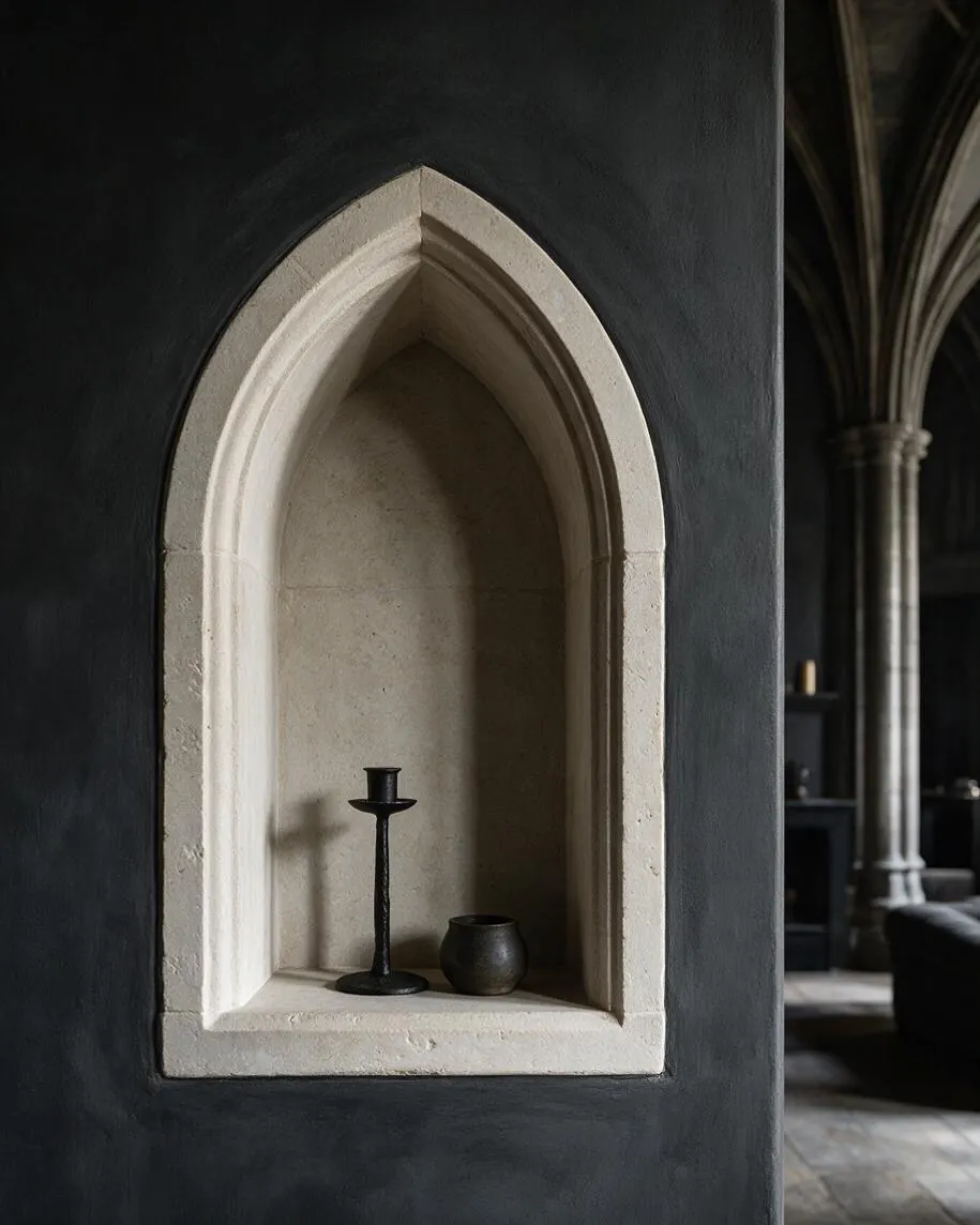 A dark Gothic interior wall features a pointed stone niche inset into a charcoal plaster surface. Inside the niche, a small black candlestick and rounded vessel sit on a pale stone ledge, with vaulted columns and a moody room visible in the background.