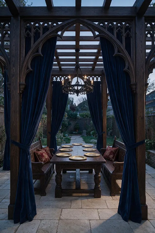 A backyard dining area styled in Gothic architecture with pointed wood arches, dark blue velvet curtains, and an iron chandelier. A long carved wooden table with brass plates sits between matching benches on a stone patio, with a garden path leading into the background.