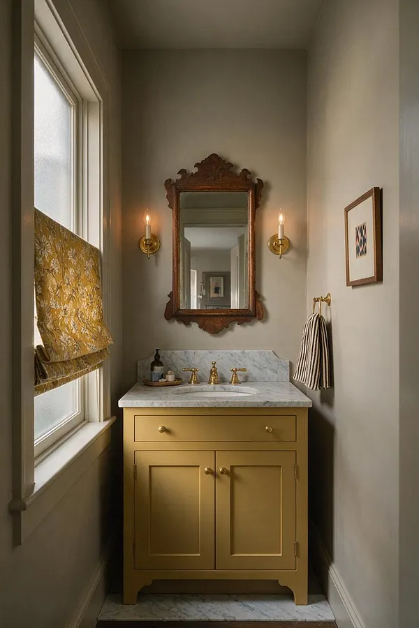 A narrow powder room with a gold-painted vanity topped by a white marble counter and backsplash. An ornate carved wood mirror, brass sconces, a patterned Roman shade, and a striped hand towel add eclectic charm.