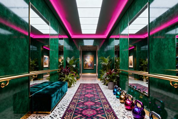 A corridor-like home gym features emerald green glossy wall panels with large mirrors and brass ballet-bar rails, a white terrazzo floor, and a long patterned runner in pink and teal. Jewel-toned metallic kettlebells line the right wall beside lush potted plants, with a teal velvet bench on the left. A luminous ceiling panel and magenta cove LED lighting saturate the space, while framed artwork anchors the view at the far end.