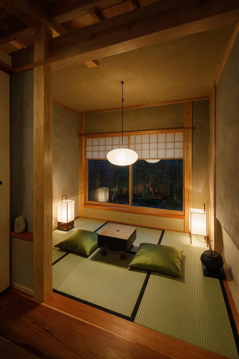 A small Japanese Zen-style backyard room with tatami mats, two green floor cushions, and a low square table centered beneath a hanging paper pendant light. Natural wood beams, shoji-style window framing, and warm lantern lamps create a calm, intimate atmosphere with a view of a dark outdoor garden.