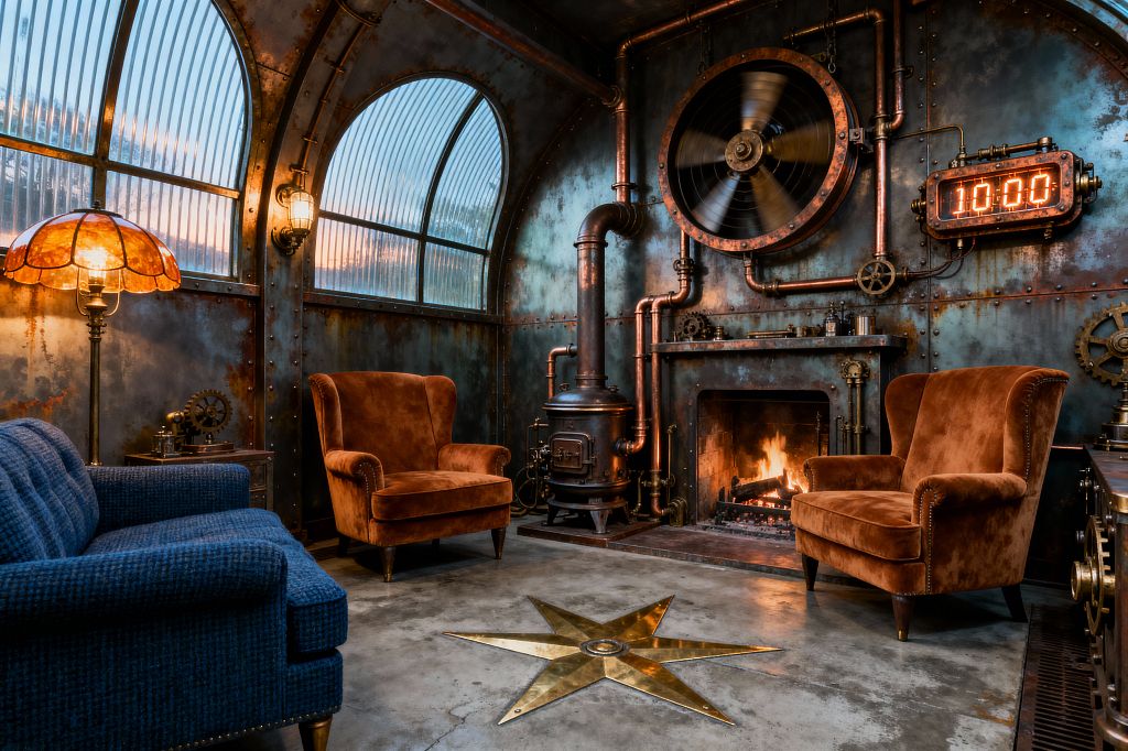 A steampunk living room with riveted, patinaed metal walls and arched ribbed-glass windows features exposed copper pipes, a large wall-mounted industrial fan, and a roaring fireplace beside a cast-iron stove. Burnt-orange velvet wingback chairs and a blue tweed sofa sit on polished concrete with a brass compass inlay, lit by an amber stained-glass floor lamp and cage sconces amid gears and a glowing nixie-tube clock.