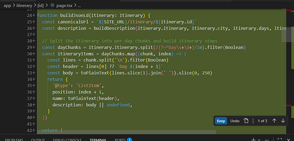 Screenshot of a JSON-LD schema markup for a travel itinerary in a code editor (Visual Studio Code).