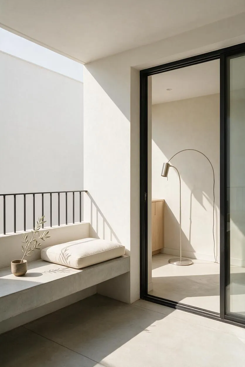 A bright minimalist patio with a long concrete bench, a small potted branch, and a cream cushion beside a black metal railing. Through a black-framed sliding glass door, a simple interior space shows a sculptural arc floor lamp and light wood cabinetry in warm neutral tones.