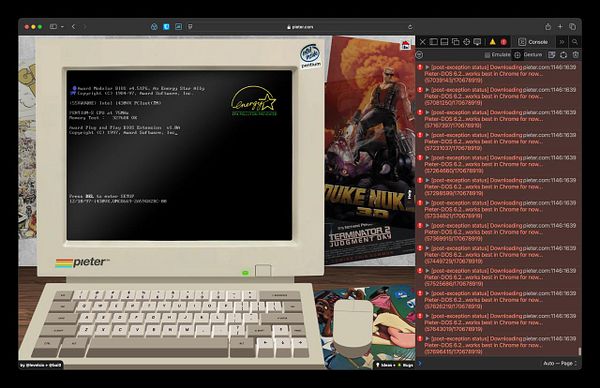 A retro computer interface displaying a BIOS screen alongside a console log in a web browser.