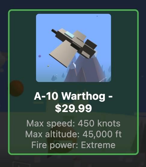 The image features a digital representation of an A-10 Warthog aircraft with pricing and specifications.