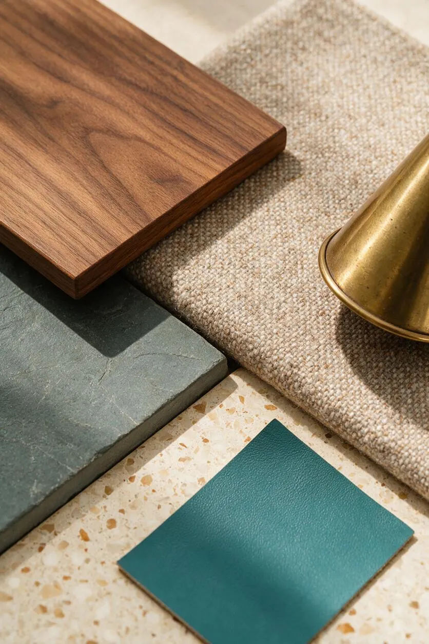 A close-up arrangement of mid-century modern material samples includes a rich walnut wood veneer, a textured beige woven fabric, a muted green stone tile, a speckled terrazzo surface, and a teal leather swatch, with a brushed brass accent adding warmth. The layered composition highlights natural textures and earthy colors.