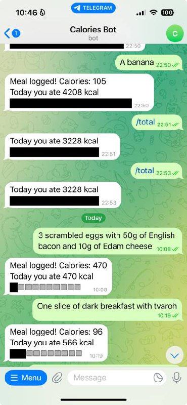 A screenshot of a Telegram chat with a calories tracking bot displaying logged meals and calorie counts.