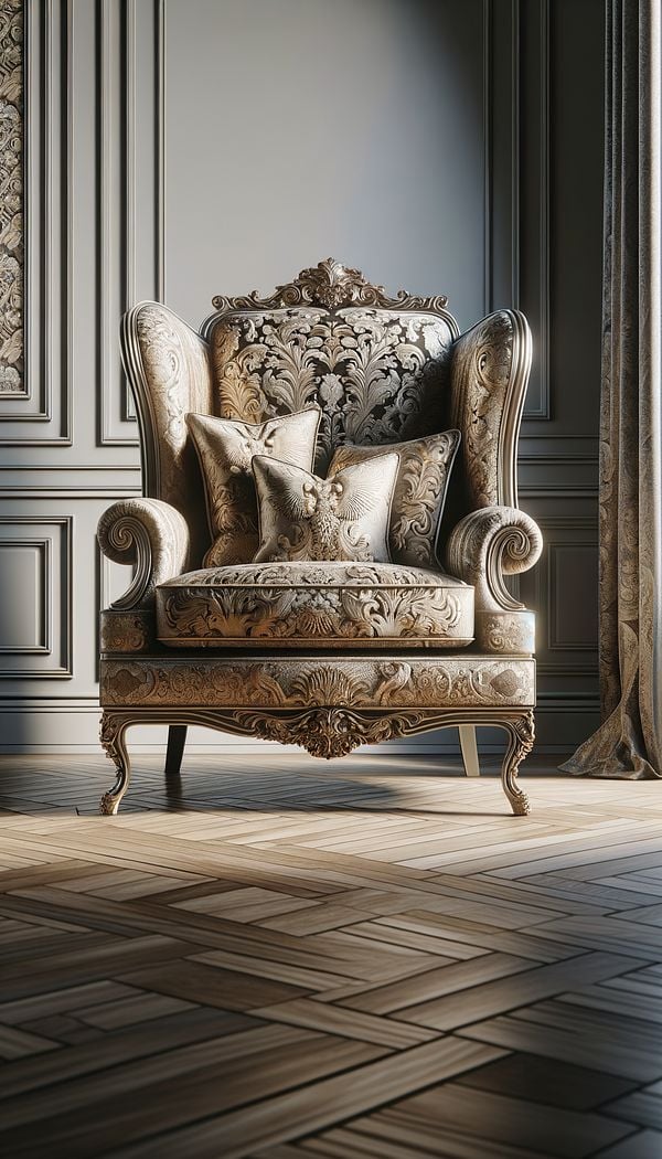 A luxurious interior design setting featuring a plush brocade-upholstered armchair, accented by richly patterned throw pillows, set against a neutral, elegantly designed backdrop.