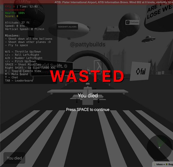 The image displays a game over screen with a prominent 'WASTED' message and gameplay instructions.