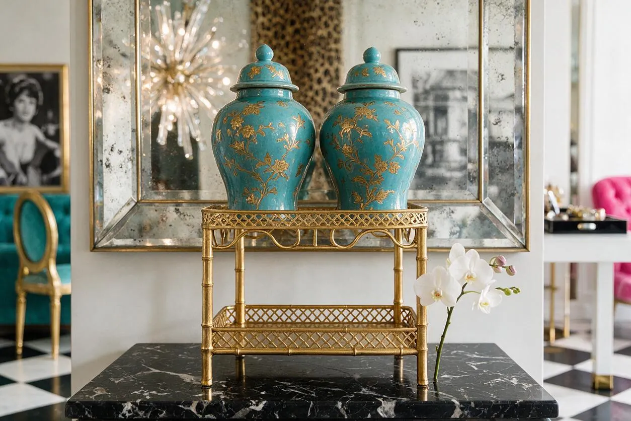 Two turquoise ceramic ginger jars with gold floral patterns sit on a small gilded bamboo-style stand atop a black marble console. Behind them is a large antiqued mirror with a gold frame, and a white orchid adds a fresh accent in the foreground.