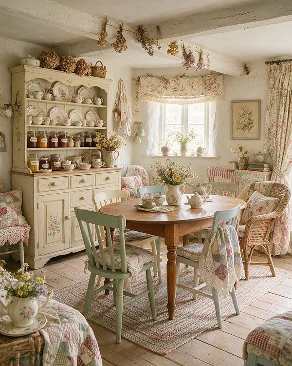 A cozy cottagecore dining room with a round wooden table surrounded by painted wooden chairs in soft pastel tones. The room features a distressed cream hutch filled with floral dishes and jars, lace and floral textiles, dried flowers hanging from the ceiling, and sunlight filtering through a floral valance over the window.