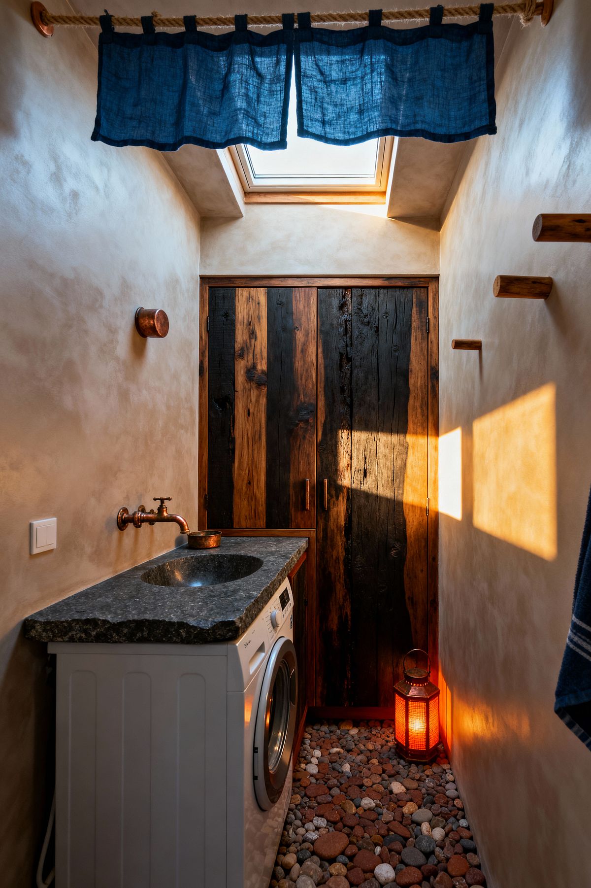 Room AI – Wabi-Sabi Laundry with Pebble Floor and Charred Wood