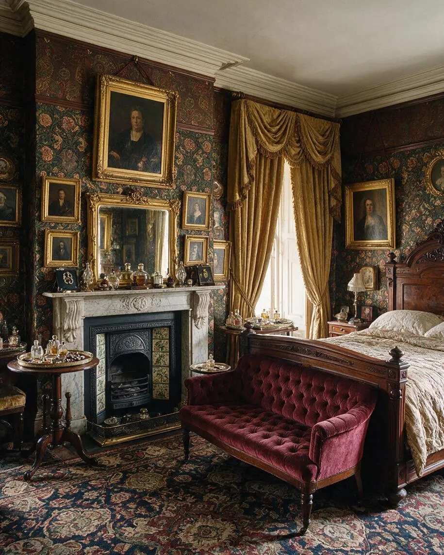 A richly decorated Victorian master bedroom with dark floral wallpaper, ornate framed portraits, and a marble fireplace. The room includes a carved wooden bed, gold drapery, a burgundy velvet settee, and a patterned oriental-style rug, creating a dramatic and historic atmosphere.