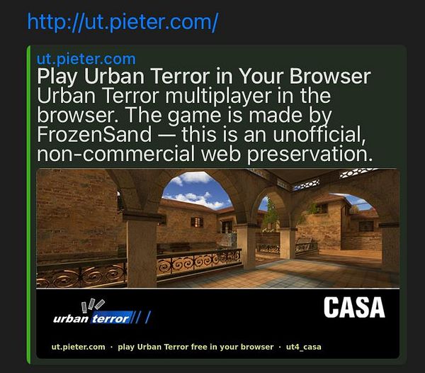 Screenshot of a web page preview for playing Urban Terror multiplayer game in the browser from ut.pieter.com.