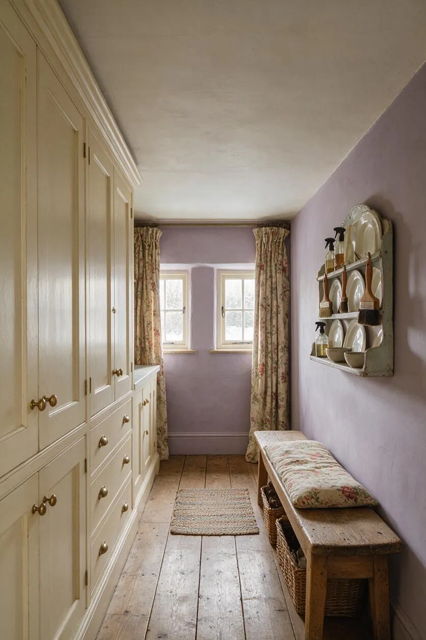 A narrow laundry room with cream built-in cabinetry on the left, lavender walls, and a rustic wooden bench with floral cushions on the right. Floral curtains frame two small windows at the far end, and a wall shelf displays plates, bottles, and brushes for a charming cottagecore look.