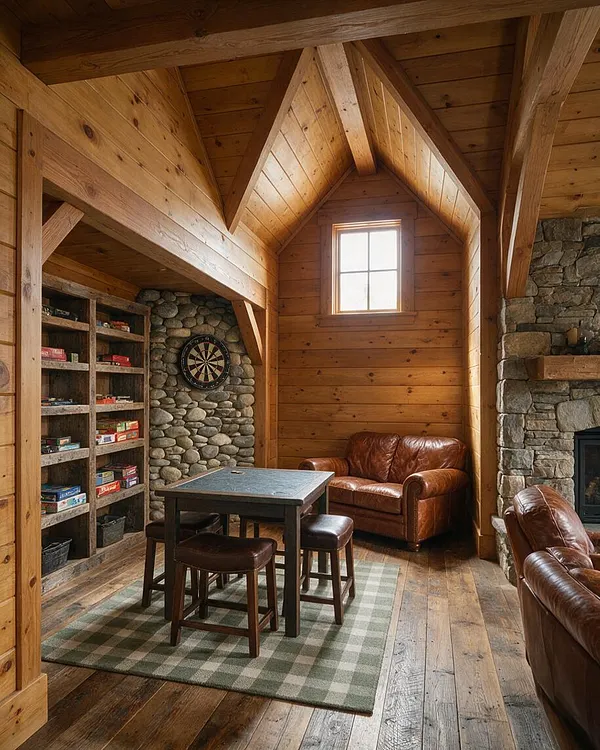 A rustic game room with wood-paneled walls and ceiling beams, a stone accent wall with a dartboard, and a small game table centered on a green plaid rug. Leather sofas, a built-in shelf filled with board games, and a stone fireplace create a warm, cabin-like atmosphere.