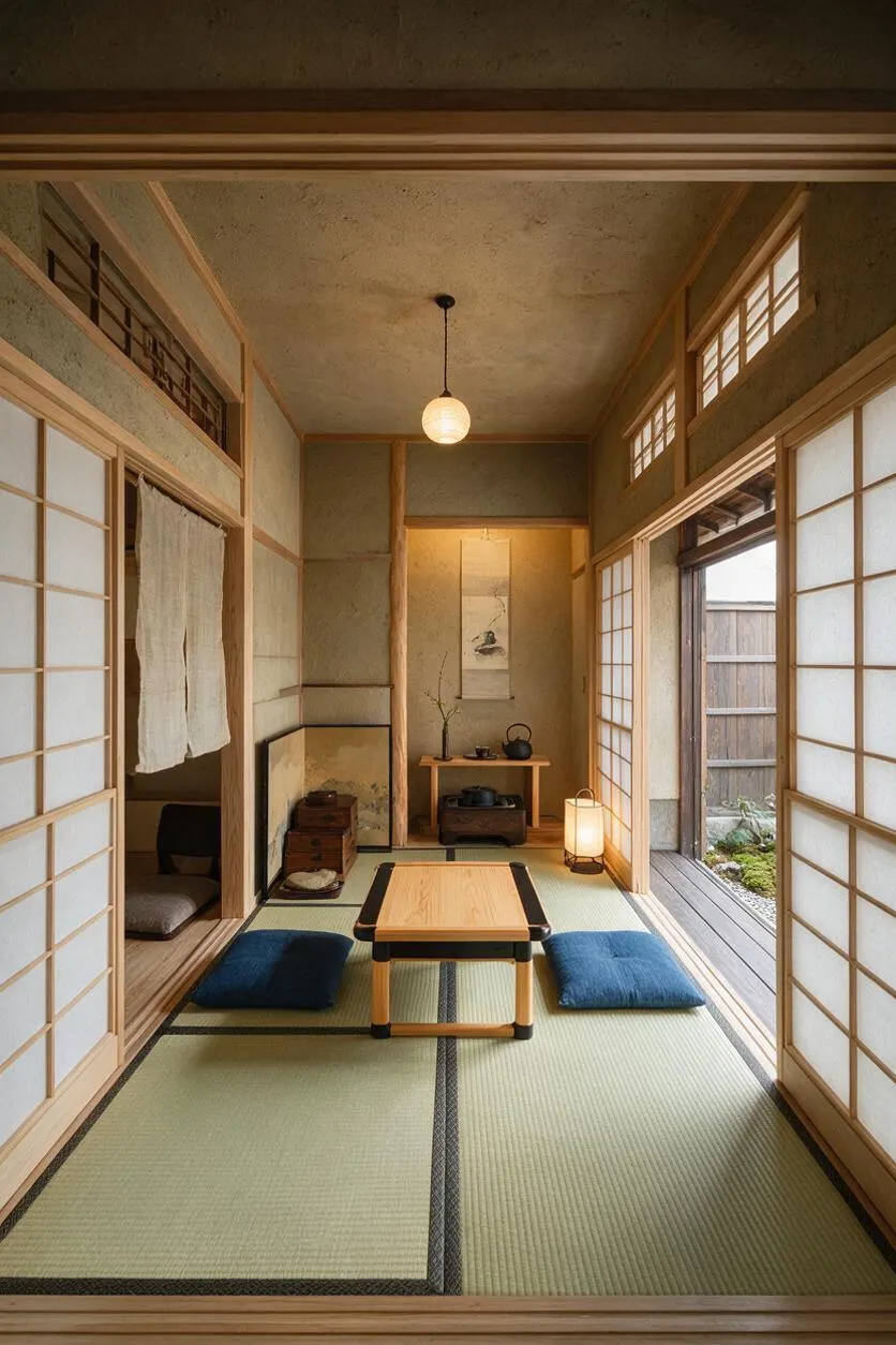A narrow Japanese-style front porch with sliding shoji screens on both sides, tatami mat flooring, and a low wooden table centered on blue floor cushions. Warm wood trim, a paper lantern ceiling light, and a small alcove with tea wares and decor create a calm, minimalist atmosphere.