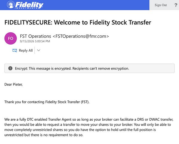 Screenshot of a Fidelity account dashboard showing SpaceX stock details and options to manage shares.