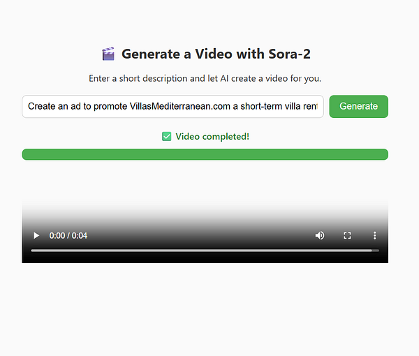 The interface for the Sora-2 video generation tool displays a completed video ad creation process.
